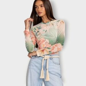 Johnny Was Natalie Mesh Floral Long Sleeve Semi Sheer Top Sz.XS